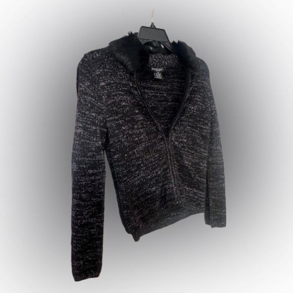 Escapade Rabbit Fur Trim Black Metallic Zip Sweater/Jacket - Picture 1 of 5